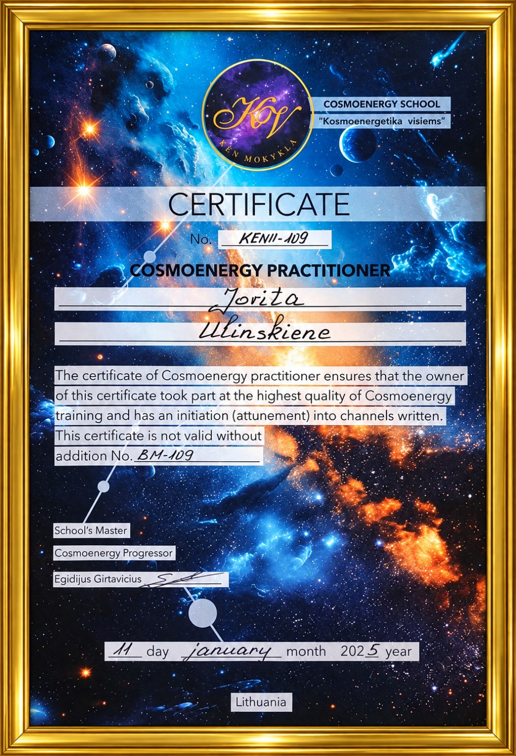 Cosmoenergy Practitioner certificate